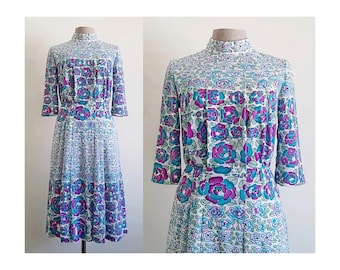 80er Jahre Lila Blau Blumenkleid Vintage Stehkragen Kleid Damen Halbarm Kleid Polyester Kleid Knielanges Kleid Japanisches Kleid S
