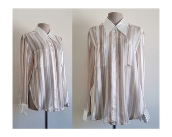 White Gold Striped Blouse Vintage Sheer Blouse Womens See Through Shirt Long Sleeve Blouse Button Up Blouse Collared Blouse Large