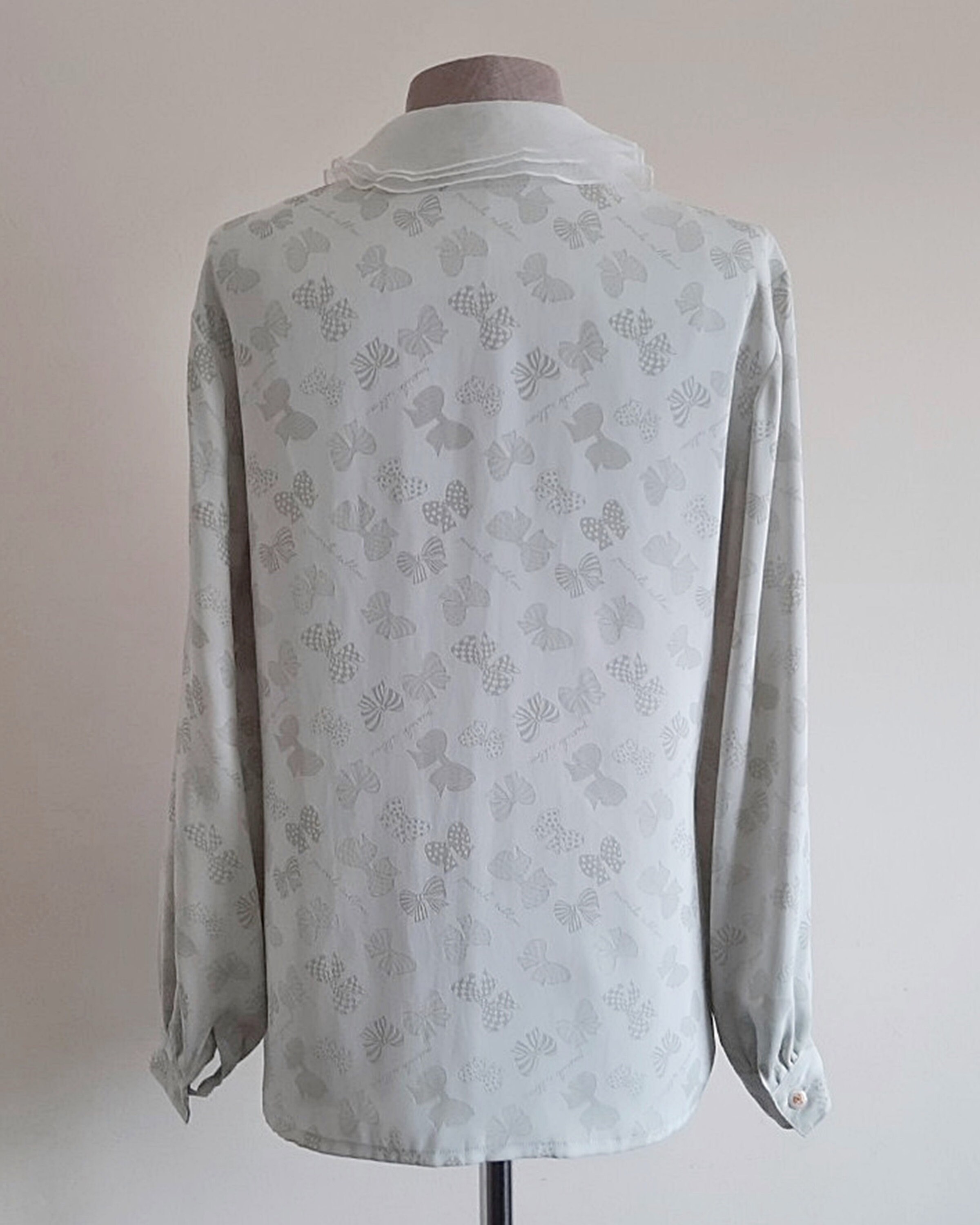Small Vintage Gray Bow Blouse Womens Organza Collar Top Long Small Vintage Gray Bow Blouse Womens Organza Collar Top Long