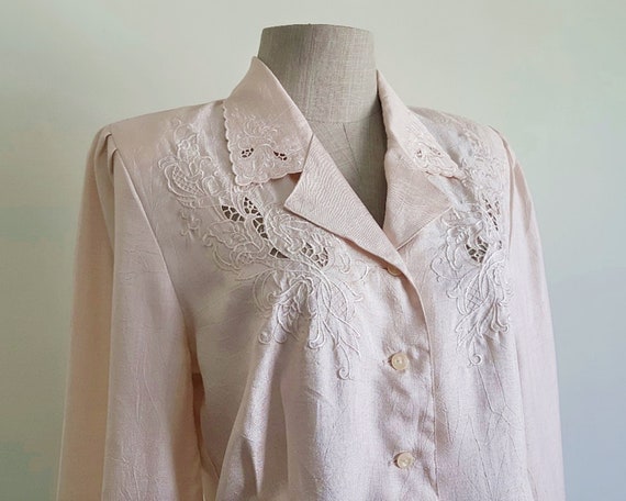 Pink Embroidered Blouse Vintage Puff Sleeve Blous… - image 5