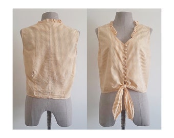 Yellow Gingham Crop Top Vintage Check Top Womens Cotton Blouse Tie Front Top Ruffle Neck Top Sleeveless Top Button Up Top XS Small
