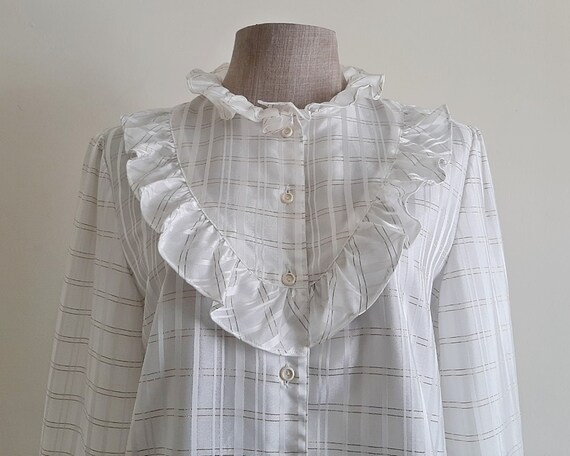 80s Vintage White Ruffle Blouse Metallic Striped Top Long Sleeve