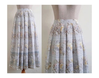 JAEGER Gray Floral Skirt Vintage Pleated Midi Skirt Womens Chiffon Skirt High Waisted Skirt Flowy Skirt Flower Skirt Medium 29" Waist