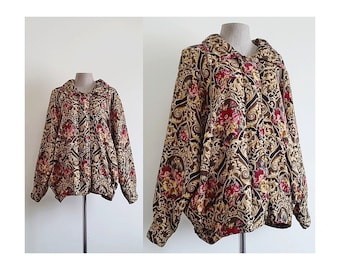 Brown Baroque Print Jacket Vintage Bomber Jacket Womens Windbreaker Jacket Puffer Jacket Zip Up Jacket Collared Jacket Crazy Jacket Large XL