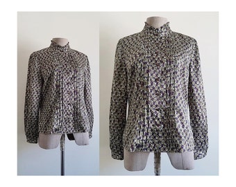 ROCHAS Abstract Print Blouse Vintage High Neck Blouse Womens Long Sleeve Shirt Button Up Blouse Polyester Blouse Designer Blouse Small