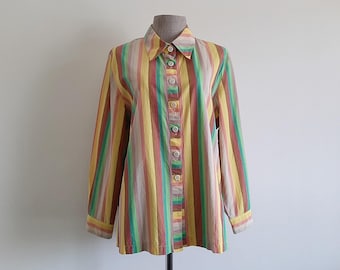 Camisa vintage a rayas arcoíris verde y amarilla, blusa de algodón de manga larga con botones y cuello talla XL