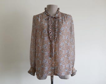 Blusa vintage de los 80, marrón, con estampado floral, volantes, gasa transparente, lazo, manga larga, talla M