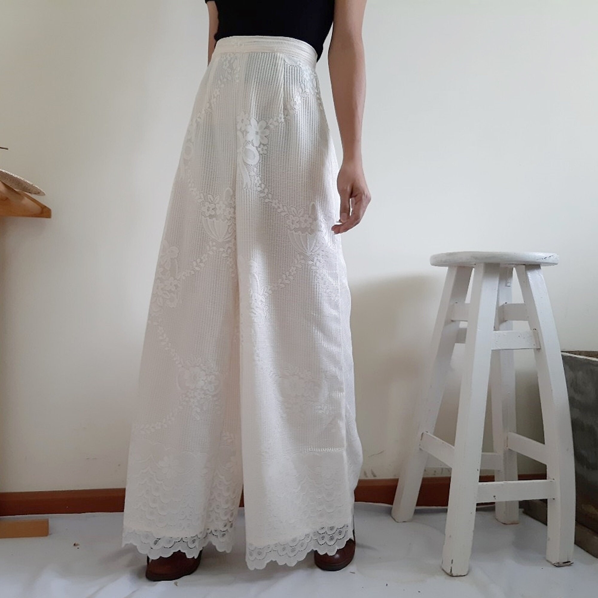 Cream Wide Leg Pants Womens Lace Pants High Waisted Pants Etsy