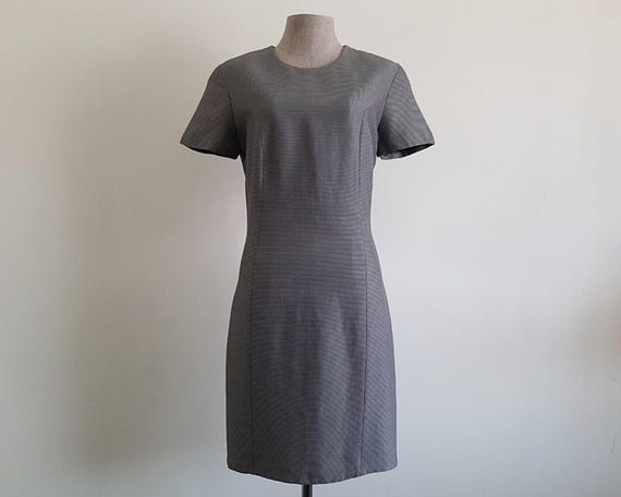 Byblos, Vintage Byblos Gray Sheath Dress Micro Striped Textured Short Sleeve Italian Minimalist Office Small