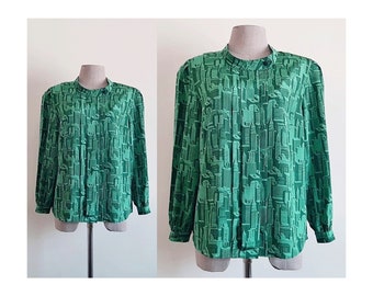 Green Novelty Print Blouse Vintage High Neck Blouse Womens Long Sleeve Top Button Front Blouse Polyester Blouse Retro Blouse Medium