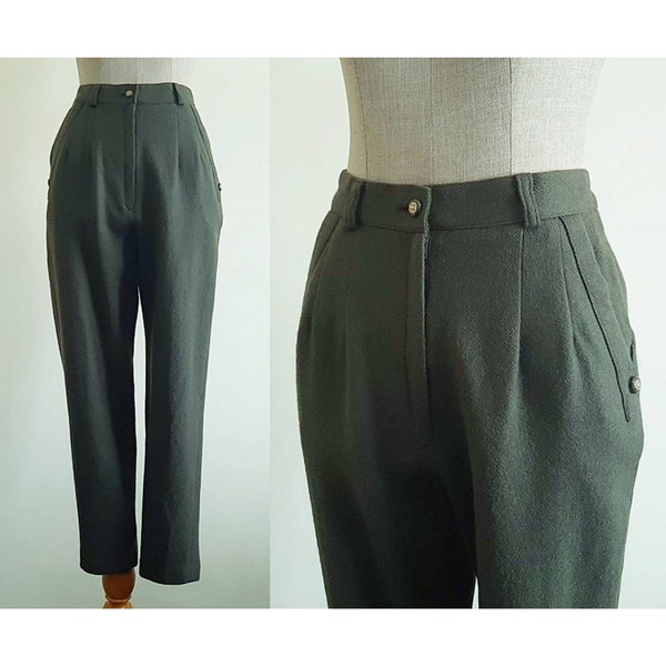 Green Tapered Leg Pants Vintage High Waisted Pants Womens Wool Trousers High Rise Pants Fall Pants Winter Pants Casual Pants XS Small