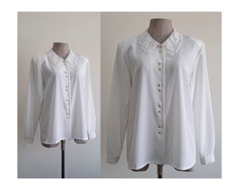 White Embroidered Collar Blouse Vintage Long Sleeve Blouse Womens Button Up Shirt Polyester Blouse Secretary Blouse Pretty Blouse Medium