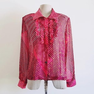 Vintage Black Pink Striped Ruffle Blouse Medium | Womens Chiffon Sheer Shirt Top Long Sleeve Button Up Collared Summer Spring Casual Retro M