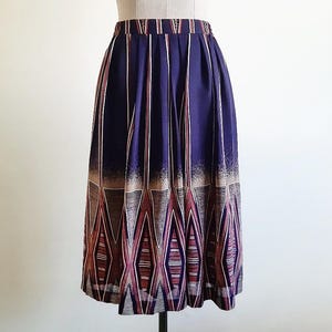XS Small Vintage Navy Blue Abstract Print Skirt Womens Pleated Midi Skirt Flare Skirt Elastic Waist Skirt Retro Hippie Skirt S 25&quot; 26&quot; 27&quot;