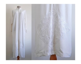 70s Cream Kaftan Dress Vintage Caftan Maxi Dress Womens Embroidered Dress Long Sleeve Dress Mandarin Collar Dress Loose Dress Large XL