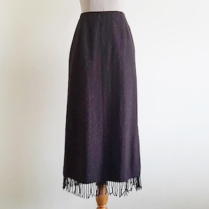 24&quot; Waist Vintage Brown Fringe Skirt Womens Wool Midi Skirt A Line Skirt High Waisted Skirt Side Slit Skirt Boho Fall Winter Casual Skirt XS