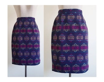 COURREGES Purple Aztec Skirt Vintage Wool Skirt Womens Straight Skirt Above The Knee Skirt High Waisted Skirt Fall Skirt XS 25" Waist