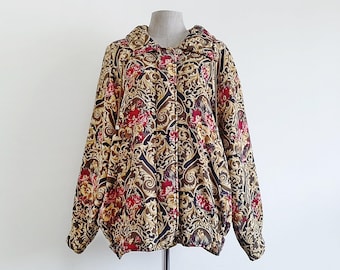 Chaqueta vintage marrón con estampado barroco floral XL / Chaqueta bomber acolchada para mujer Cupra con cremallera frontal y cuello estilo hipster retro casual