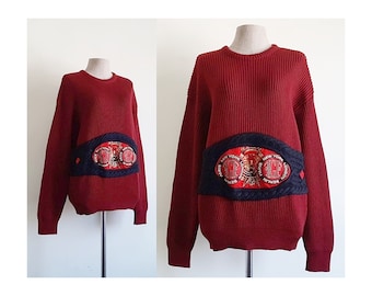 GIANFRANCO FERRE Maroon Red Wool Sweater Vintage Chunky Knit Sweater Womens Ribbed Sweater Embroidered Sweater Crew Neck Sweater Small