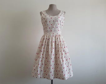 Cream Floral Cotton Dress Sleeveless Open Back Strap Scoop Neck Cottagecore Summer Sun Small