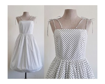 White Black Polka Dot Dress Womens Spaghetti Strap Dress Cotton Dress Strappy Dress Knee Length Dress Summer Dress Sun Dress Day Dress XS