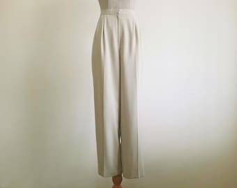 Pantalones plisados beige vintage para mujer, de cintura alta y elástica, de poliéster, 68 y 71 cm.