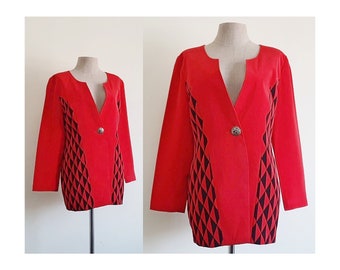 Red Geometric Print Jacket Vintage Polyester Jacket Womens One Button Blazer Summer Jacket Spring Jacket Casual Jacket Retro Jacket Medium