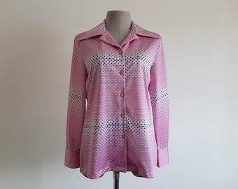 Vintage 70s Pink Heart Print Shirt Long Sleeve Blouse Button Up Collared Polyester Small