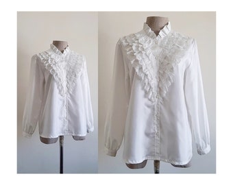 White Ruffle Collar Blouse Vintage Long Sleeve Blouse Womens Button Front Top Victorian Blouse Romantic Blouse Cottagecore Blouse Medium
