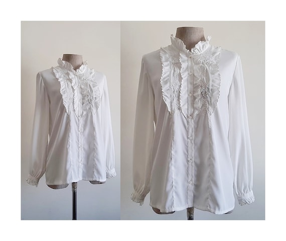 White Ruffle Collar Blouse Vintage Embroidered Blouse Womens