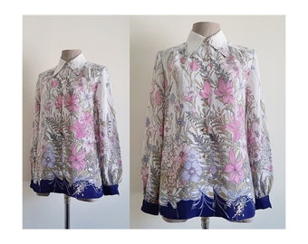 White Pink Floral Blouse Vintage Botanical Print Blouse Womens Chiffon Shirt Long Sleeve Blouse Button Up Blouse Collared Blouse XS