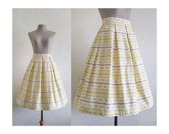 Yellow Striped Floral Skirt Womens Pleated Skirt Cotton Skirt Knee Length Skirt Full Skirt Pin Up Skirt With Pockets XS 25" Waist