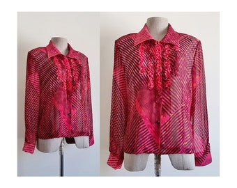 Black Pink Striped Blouse Vintage Sheer Chiffon Blouse Womens Ruffle Shirt Long Sleeve Blouse Button Up Blouse Collared Blouse Medium