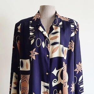 XXL Vintage Marine Blau Abstraktes Druck Shirt Damen Langarm Bluse Button Up Shirt Kerbkragen Shirt Polyester Shirt Retro Bluse Top