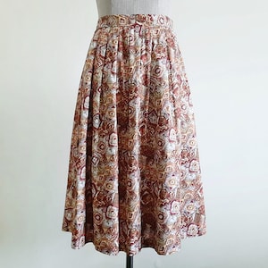 24&quot; Waist Vintage Brown Abstract Print Skirt Womens Cotton Midi Skirt Pleated Skirt Flare Skirt Hippie Retro Casual Spring Summer Skirt XS