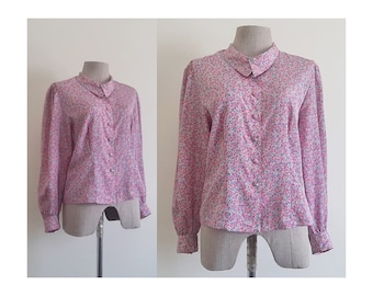 Pink Floral Print Blouse Vintage Puff Sleeve Blouse Womens Button Up Shirt Collared Blouse Cottagecore Blouse Romantic Blouse Small