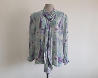 Vintage 80s Abstract Print Blouse Green Tie Neck Shirt Sheer Chiffon Long Sleeve Large