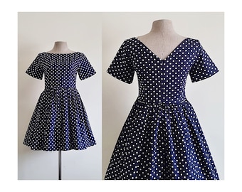 Navy Blue Polka Dot Dress Womens Mini Dress Cotton Canvas Dress Short Sleeve Dress Boat Neck Dress V Back Dress Babydoll Dress Small