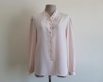 Vintage 80s Pastel Pink Embroidered Blouse High Neck Shirt Long Puff Sleeve Romantic Small