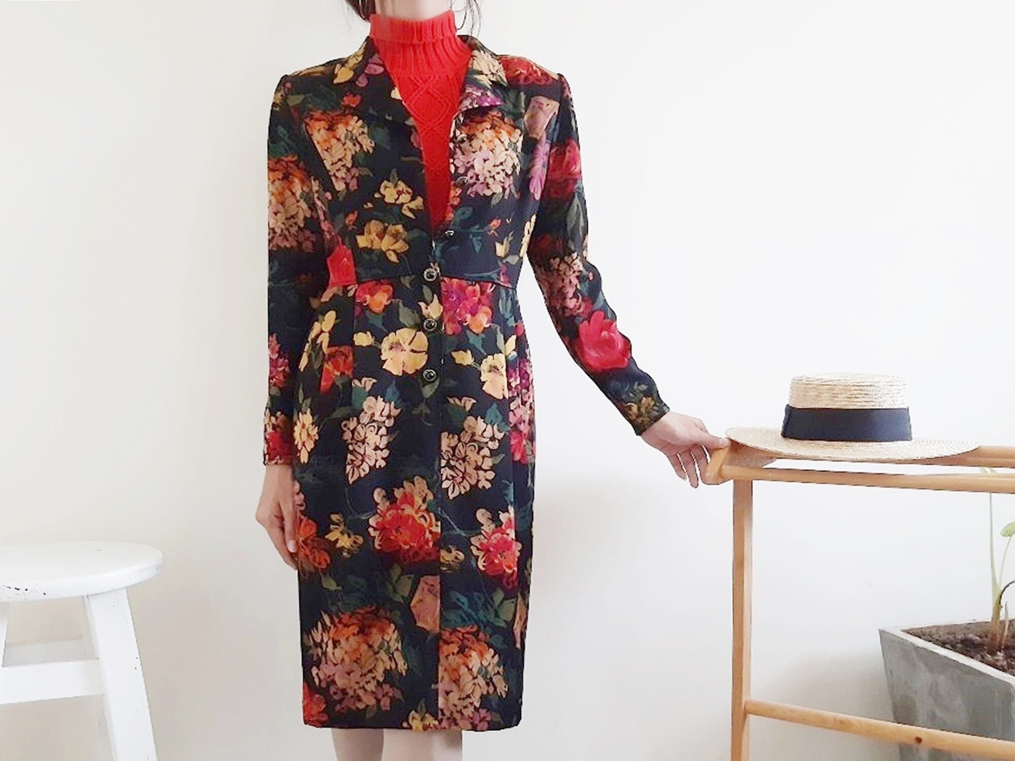 off the shoulder retro flower print black sheath dress