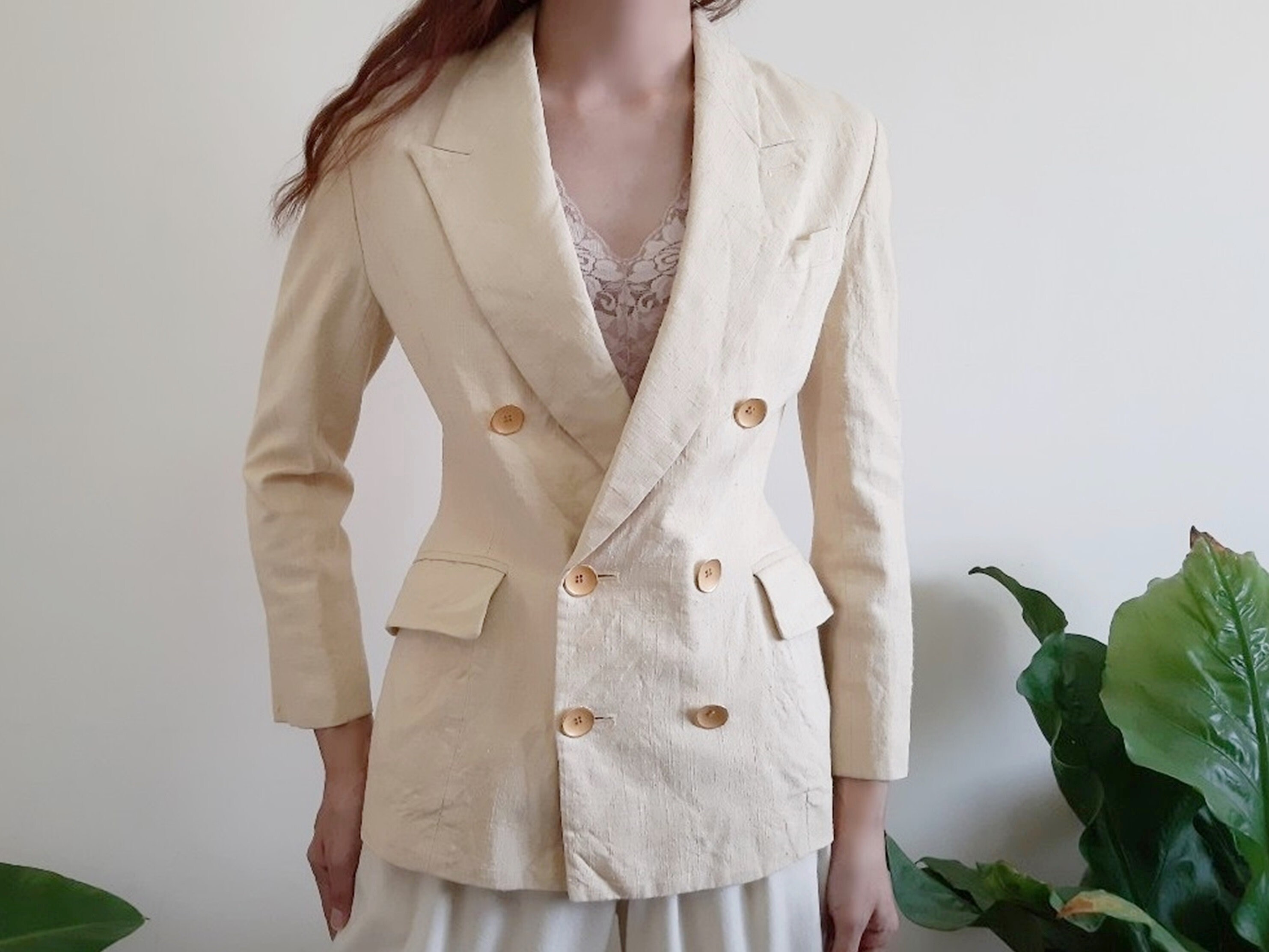 cream gold button blazer