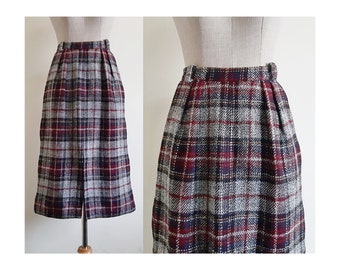 Gray Black Plaid Skirt Vintage Tartan Midi Skirt Womens Wool Skirt Front Slit Skirt Below The Knee Skirt With Pockets Medium 28" Waist