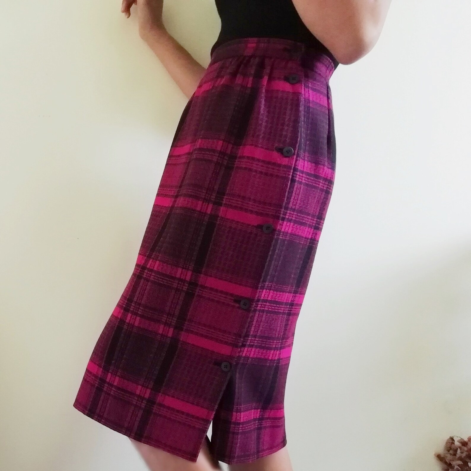 JAEGER Vintage Black Pink Plaid Skirt Womens Wool Midi Skirt Etsy