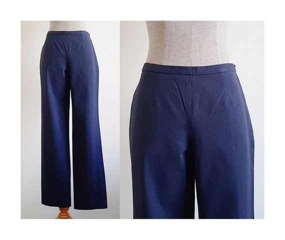 Navy Blue Cotton Pants Vintage Straight Leg Pants Womens Mid Rise