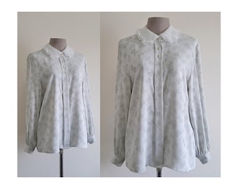 Gray Bow Blouse Vintage Organza Collar Blouse Womens Long Sleeve Shirt Button Front Blouse Polyester Blouse Summer Blouse Cute Blouse Small