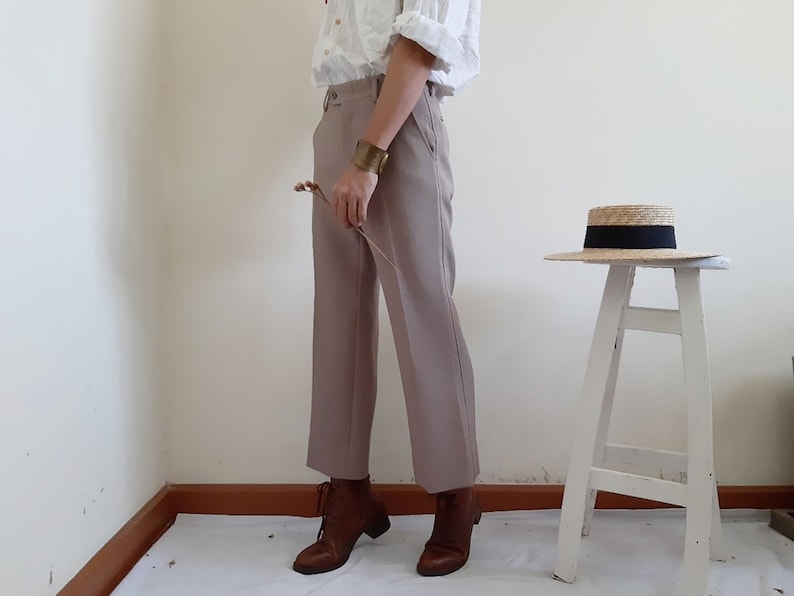 Vintage Brown Cropped Pants Women Straight Trousers Polyester Pants Mid Rise Trousers Womens Straight Pants Cropped Trousers Medium 28 Waist