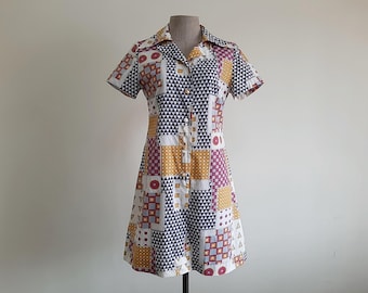 Vintage 60s Geometric Cotton Mini Dress Short Sleeve Button Front Shirt Dress Retro XS