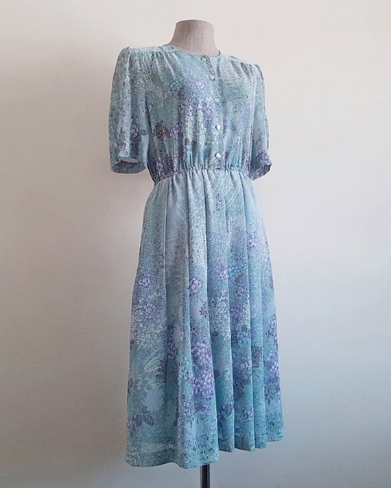 80s Green Blue Floral Dress Vintage Short Sleeve … - image 6