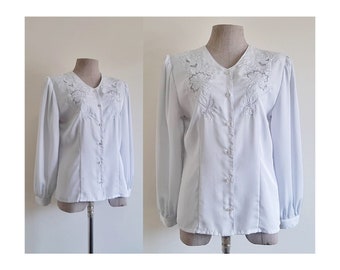 Gray Embroidered Blouse Vintage Puff Sleeve Blouse Womens Button Up Top Cottagecore Blouse Romantic Blouse Office Blouse Work Blouse Small