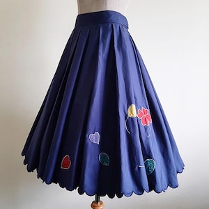 28&quot; Waist Vintage Navy Blue Embroidered Skirt Womens Cotton Midi Skirt Circle Skirt Pleated Skirt Full Skirt Scalloped Skirt Medium M